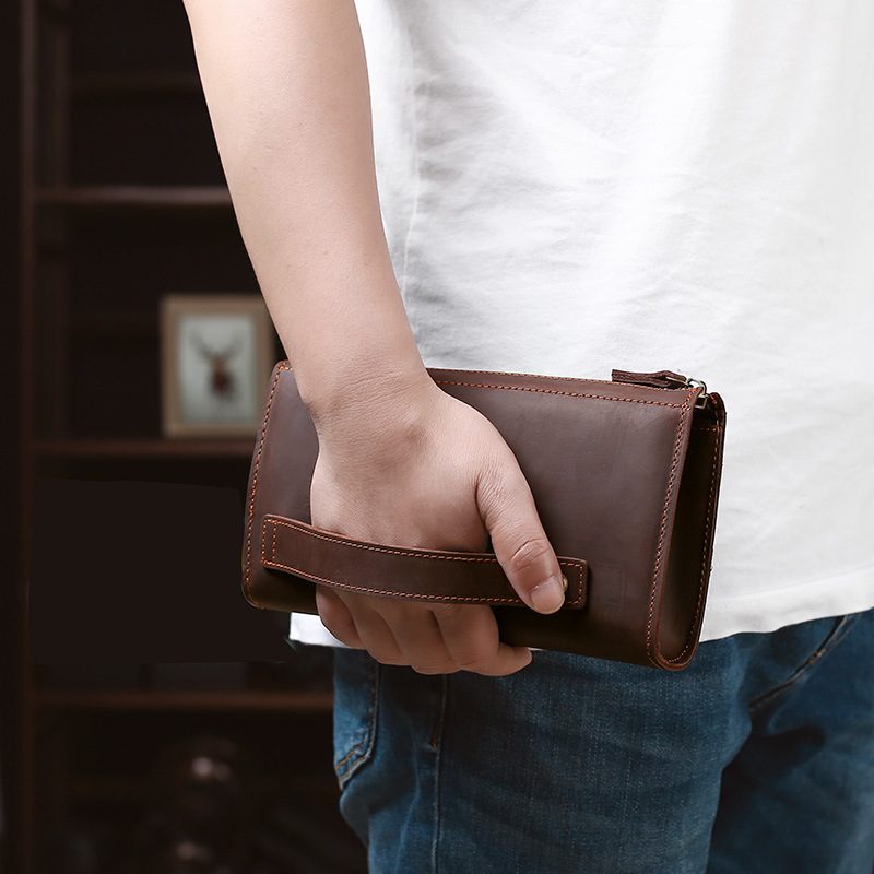 Men'S Accessories Wallet - メンズクラッチロングハンドバッグビジネスヴィンテージ牛革男性用長財布男性と女性用ジッパー財布
